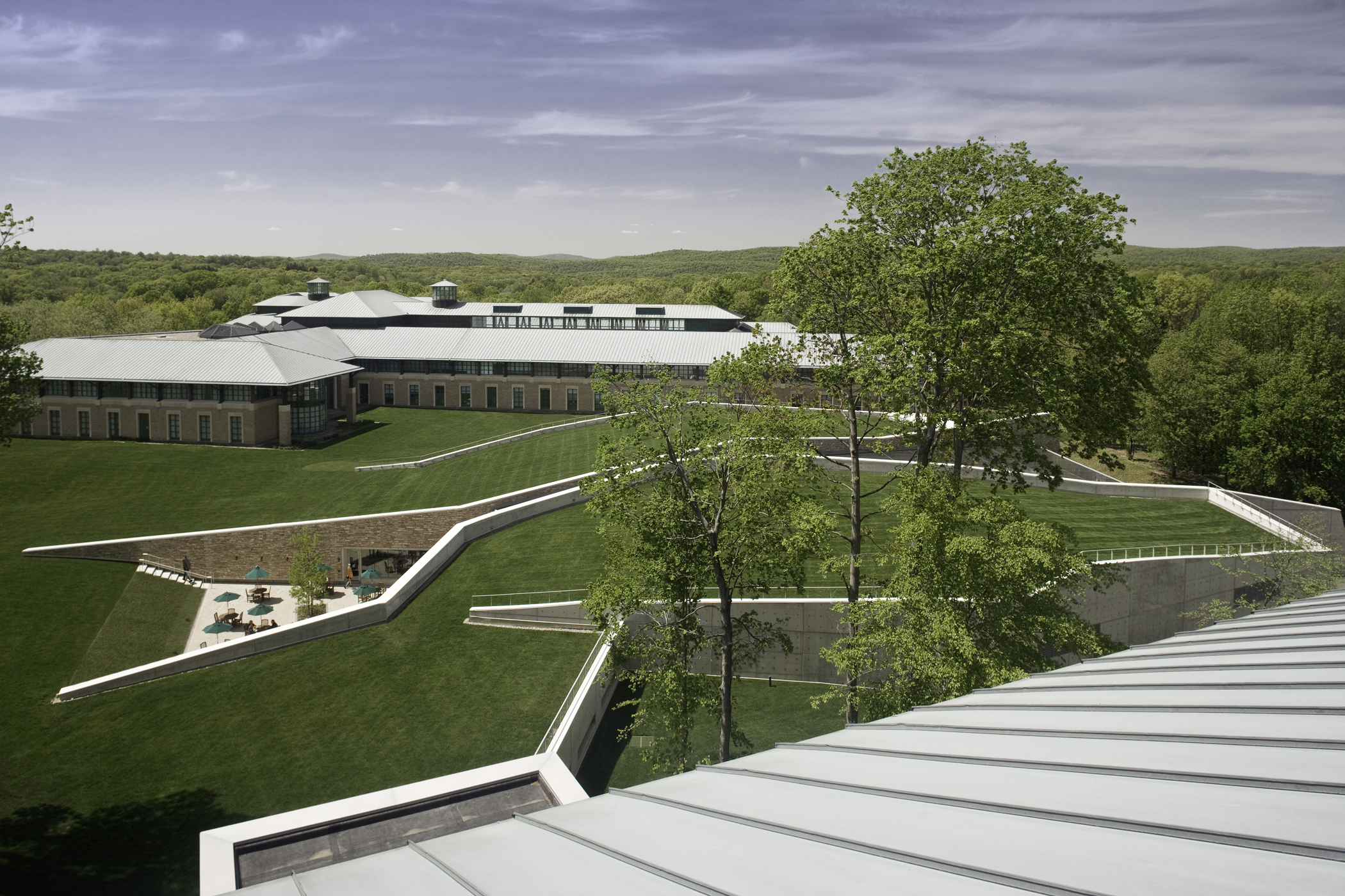 Aerial photograph of the Becton Dickinson Campus Center. The geometric concrete structure is entirely covered in a vegetated green roof. On either side are two large brick buildings with metal roofs. The image shows a daytime view as seen from one of the adjacent rooftops, with bright green vegetation and a blue sky.